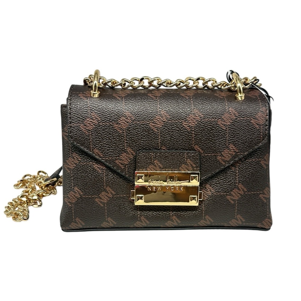 NEW Nicole Miller New York Monogram Crossbody Purse Chocolate Brown Gold Chain